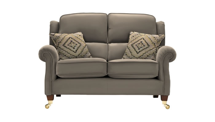 Parker Knoll Henley 2 Seater Sofa in Madri Mushroom Leather with Hyams Mink Scatters and Mahogany Legs